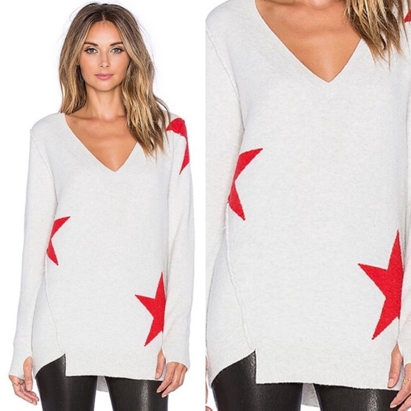 Pam & Gela Grey Red Star Print Sweater Size S Asymmetrical Wool Alpaca Blend - Picture 2 of 9